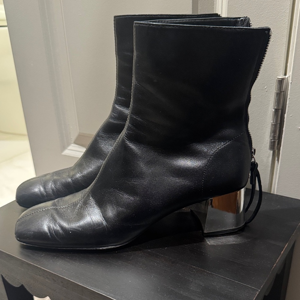 Maje Black Leather Ankle Boots with Silver Heel